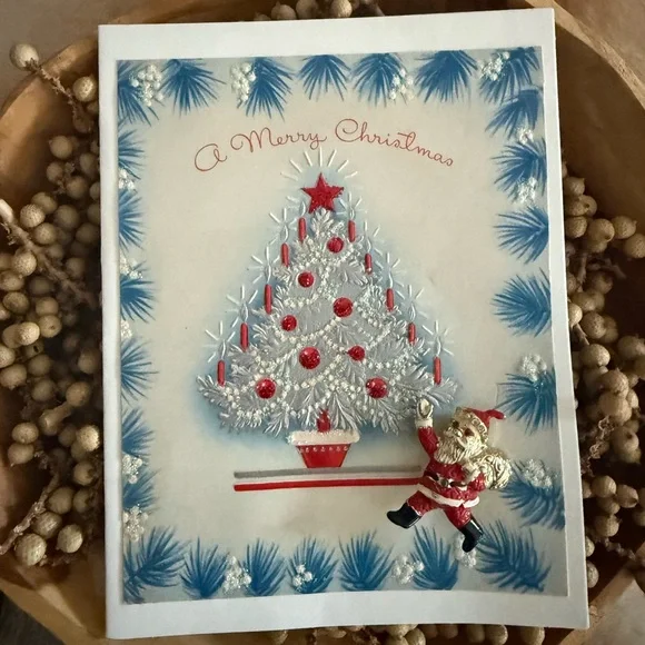 Vintage Adorable Festive Merry Christmas Card with Tree Design and Santa Brooch - Picture 1 of 11